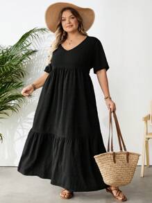 SHEIN CURVE+ Plus Size Solid Color Super Long Dress For Beach/Vacation,Summer Outfits For Womenbeach Outfits For Woman/Beach Dress/Beach Vacation Outfits/Beach Essentials / Graduation/Tea Party Dress