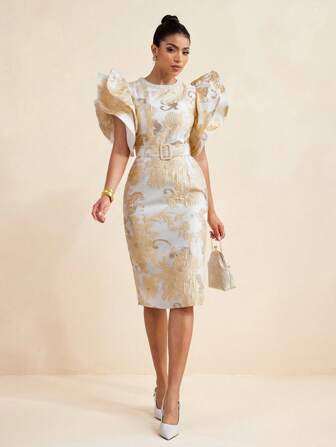 TIYA Elegant Jacquard Faux Pearl Neck Big Sleeve Dress With Waist Belt Women Summer Set