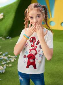 Teletubbies X SHEIN Tween Girl Multi-Pack Cartoon Po & Laa-Laa Print Crew Neck Short Sleeve T-Shirt, Multi-Color - Black and White - View 4