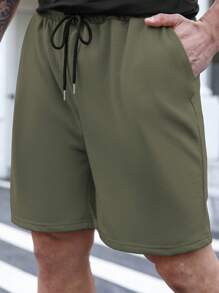 Manfinity Homme Men's Plus Size Plain Color Drawstring Waist Casual Shorts, Summer - Green - View 4
