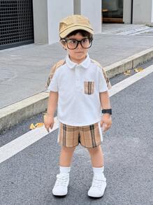 SHEIN 2 Stücke Baby Jungen/Mädchen Lässiges Preppy Karomuster Patchwork Poloshirt und khaki/schwarze karierte Shorts Set, geeignet für Geburtstags-Party, Taufe, 1. Geburtstagsfeier, Abendparty, Aufführung, Hochzeit und andere Anlässe