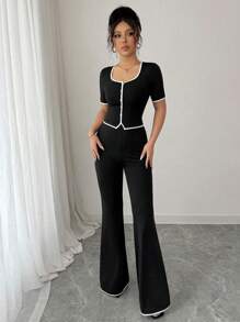 Elenzga Conjunto de 2 piezas para mujer con top elegante de botones delanteros y pantalones para uso casual y de oficina