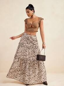 LUNA B Leopard Print Elastic Waist Ruffle Layered A Line Maxi Skirt For Summer Vacation Skirt Women Summer Set Women 2 Pieces - Multicolor - View 2