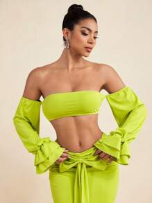LUNA B Solid Color Strapless Long Sleeves Bandeau Crop Top For Women Outfit Summer Vacation Holiday