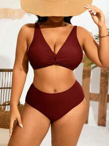 Swim Lushoire Plus Size Solid Color Swimsuit Set, Suitable For Beach Vacation For Summer - Burgundy - View 1
