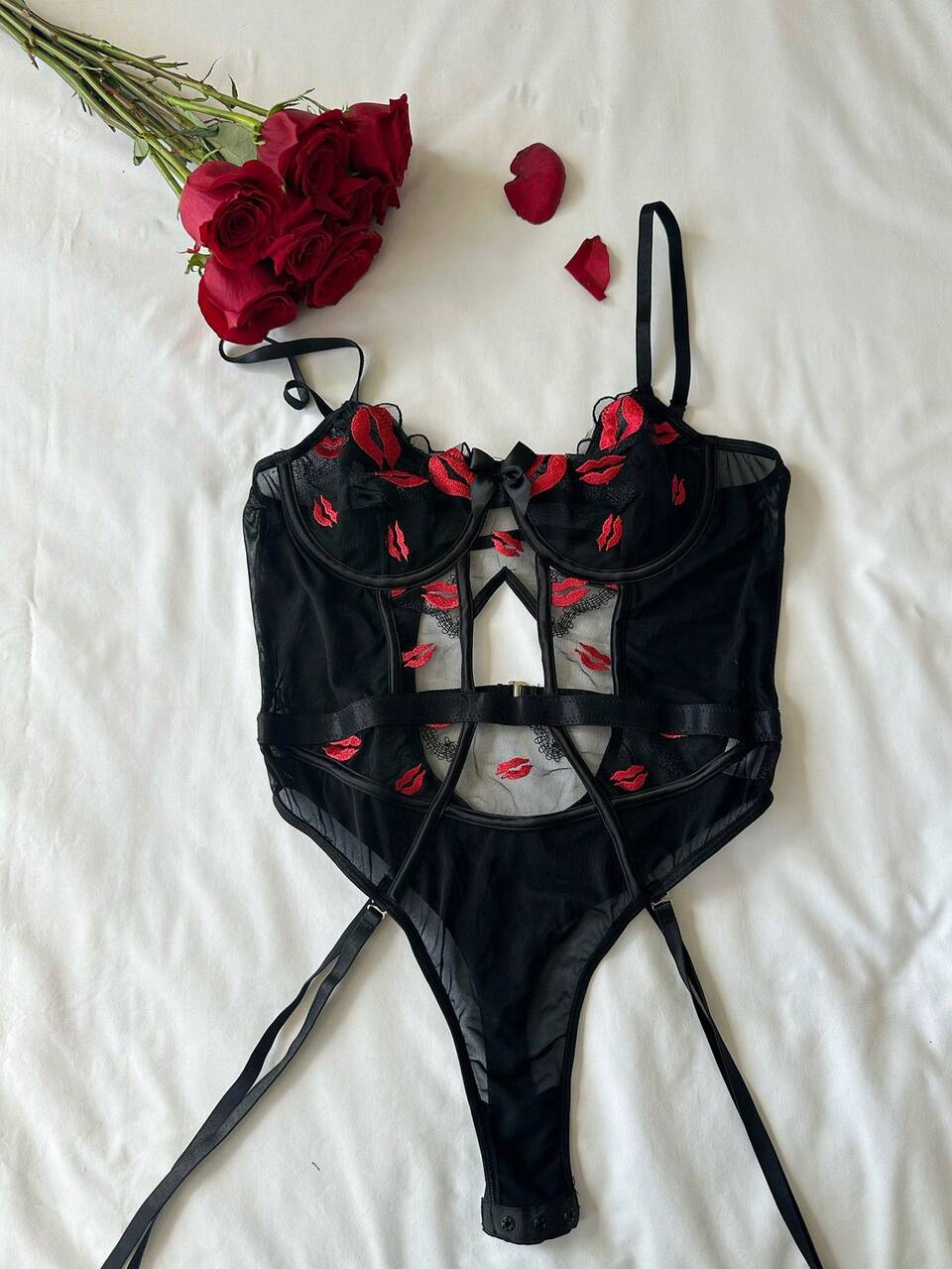 Lip Embroidery Sheer Lace Adjustable Spaghetti Strap Sexy Bodysuit For Women Lingerie For Women