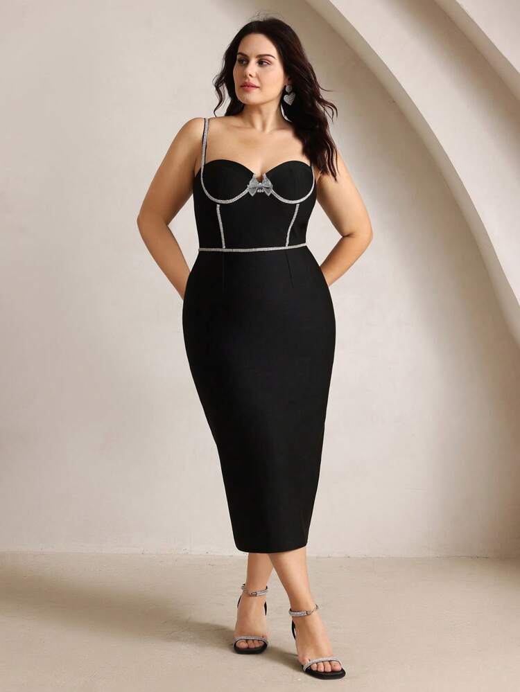 Plus Size Women Luxury Sparkly Rhinestone Embellished Elegant Fitted Midi Dress, High-End Formal Event, Party, Gala, Summer, Festival, Vacation, Holiday, Elegant, Date Night