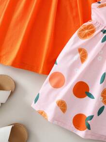 SHEIN 2pcs/Set Toddler Girls Cute Cartoon Print Cap Sleeve Summer Dress Set - Multicolor - View 7