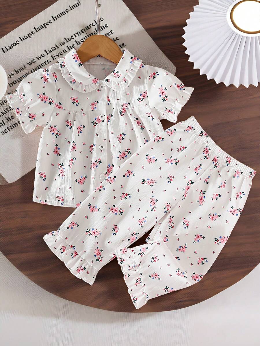 Baby Girl Cute Lady Sets: Ditsy Floral Collared Ruched Front Top + Loose Casual Flounce Hem Long Pants - Baby Pink - View 1