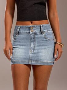 SHEIN Forever 21 Váy denim mini màu xanh nước giặt cổ điển phong cách High Street Spice cài hai hàng khuy thiết kế eo cho nữ - Màu xanh nhạt - Xem 6
