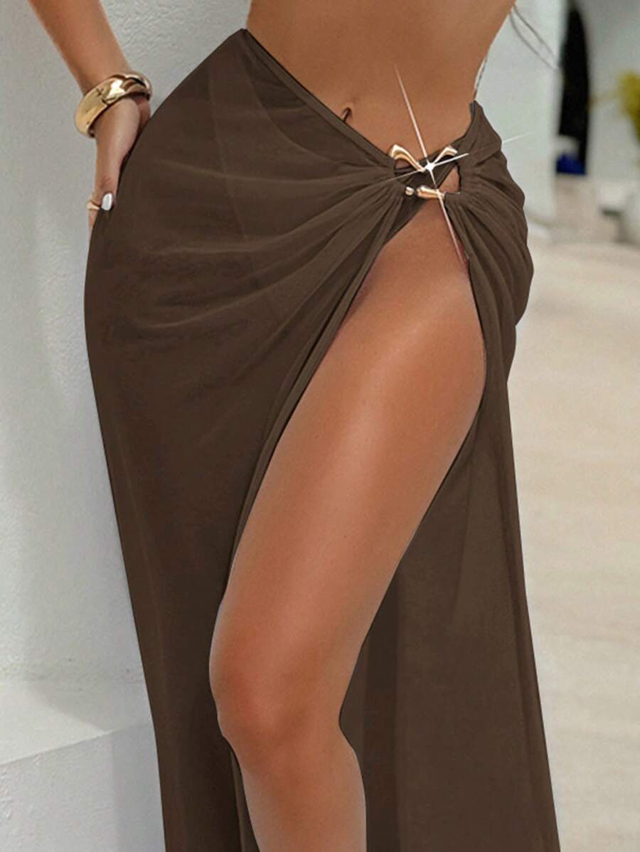 Swim Chiccia Women's Solid Color Side Slit Hem Cover Up & Skirt Set, Suitable For Vacation For Summer - Coffee Brown - View 1