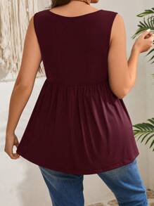 EMERY ROSE 大码女式纯色圆领荷叶边下摆休闲背心 - 酒紅色 - 查看 3