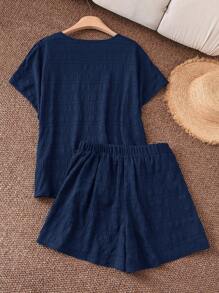 SHEIN LUNE Plus-Size Blue Two Pieces Crewneck Shirt + Shorts Two Pieces Suit Loose Casual Buttons Decorated Women's Set