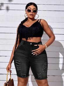 SHEIN SXY Plus Size Distressed Denim Shorts, Fashionable For Summer - Black - View 6