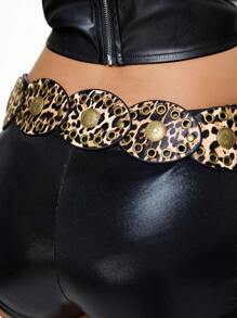 ROMWE Hippie 1pc Women Hollow Flower Button Decor, Leopard Print Oval Leather Large Round Metal Grommet Boho Western Style Belt, Fashion Accessory For Dress, Jeans - Multicolor - View 4