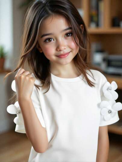 SHEIN Tween 女童休闲优雅度假手工 3D 花卉装饰圆领修身短袖针织上衣