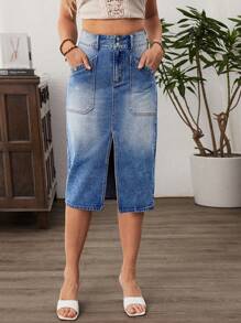 Breezaya Women's Contrast Color Pocket Slit Up To Thigh Denim Skirt - Blue - View 3