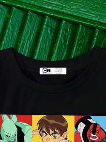 BEN 10 X SHEIN Maglietta nera a maniche corte con grafica a cartoni animati per ragazzi, adatta per l'estate