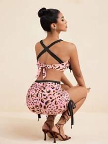 LUNA B Pink Leopard Print Elastic Waist Asymmetric Adjustable Drawstring Sexy Mini Skirt Summer Beach Women Summer Set Women 2 Pieces Outfits Petite In Woman Clothing Women Two Pieces Outfits Summer Women Two Pieces Outfits - Pink - View 2