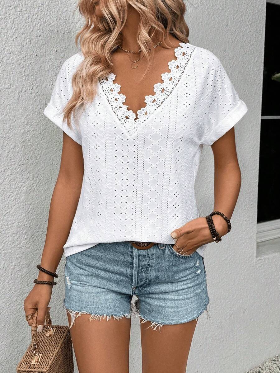 SHEIN LUNE Women's Solid Color V-Neck Short Sleeve T-Shirt, Minimalist Fashion, Suitable For Summer - White - View 1