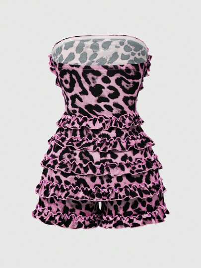 Grunge Punk Plus Size Women Summer Y2K Harajuku Gyaru Outfit Leopard Print Multi-Layer Ruffle Trim Cake Romper