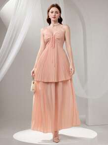 Poshira Women's Elegant Solid Color Pleated Camisole Maxi Dress,Formal Beaded Design Body Sequins Suspender Summer Dress For Graduation,Cocktail & Party - Pink - View 4