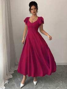 Elenzga Nuevo vestido largo, de ajuste ceñido, con cuello de corazón, de manga corta, diseño francés de nicho, color azul, adecuado para citas y vacaciones. Colección primavera/verano 2025