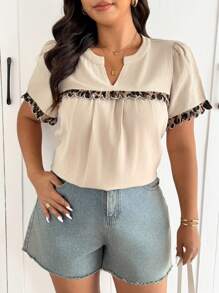SHEIN Frenchy Plus Size Summer Casual Versatile Leopard Print Patchwork V-Neck Blouse For Women