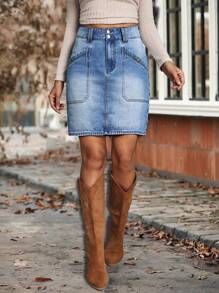SHEIN Tall Gonna di jeans dritta casual da donna con tasche, stile corto versatile