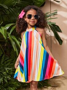 SHEIN Young Girl's Sleeveless Geometric Pattern Pleated Neck Chiffon Dress, Vacation Wear For Spring/Summer - White - View 3