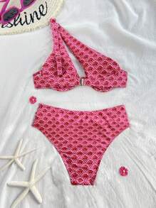 Swim Mod Women's Floral Print One Shoulder Bikini Set, Non-Push Up With Underwire, Swimsuit For Holiday For Summer Beach Vacation - Hot Pink - View 2