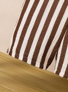 SHEIN Playful Pals 1pc Baby Boys' Casual Striped Colorblock Comfortable Double-Layered Cotton Overalls Shorts, Suitable For Daily Wear And Outdoor Activities, Summer