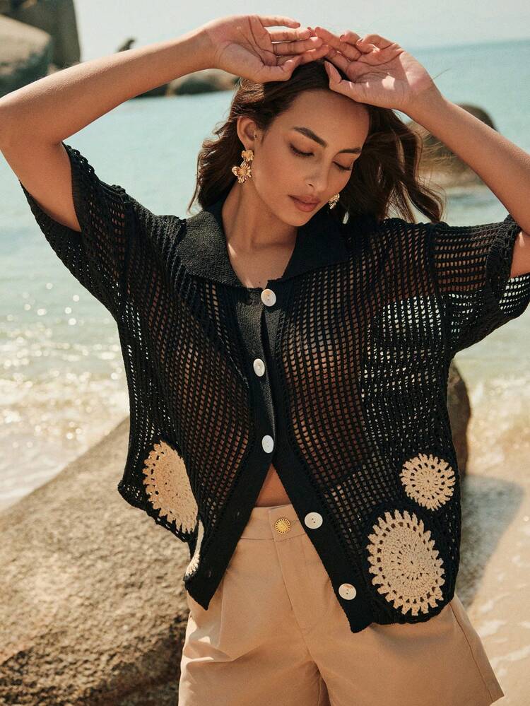 Women's Elegant Hollow-Out Floral Crochet Short Sleeve Cardigan, Ideal For Spring, Summer, Festivals, Vacation, Casual Wear