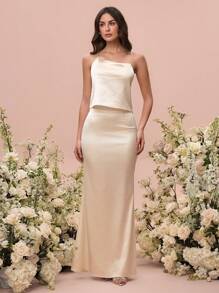 Glamine 2 件套女士优雅缎面婚礼服装 - 杏色 - 查看 8