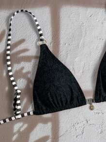 Swim Mod Springbreak 女士休闲运动沙滩双肩带图案泳衣比基尼上衣，适合夏季海滩度假 - 黑色 - 查看 3