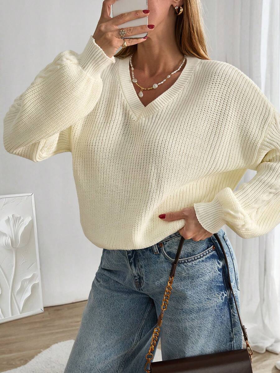 EURMUSE Casual Cable Knit Combined With Texture Knit Drop Shoulder Balloon Sleeve Sweater,Jumper,Jumpers For Women,Cream Jumper,Jumpers,Christmas Jumper,White Jumper,Black Jumper,Ladies Jumper,Women's Jumpers - Cream - View 1