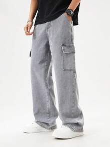 SHEIN Teen Boys' Casual Straight-Leg Light Grey Denim Jeans