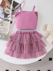 Conjunto de bebé niña de verano con Top de tirantes de unicolor + falda de lunares negros estilo pastel - Morado - Ver 2