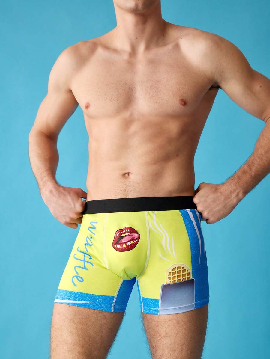 Notgurli Nouveauté, drôle, caleçons boxers mi-taille pour jeunes hommes à motif de lèvres jaunes et gaufres, style décontracté et bandes dessinées - Jaune citron - Voir 1