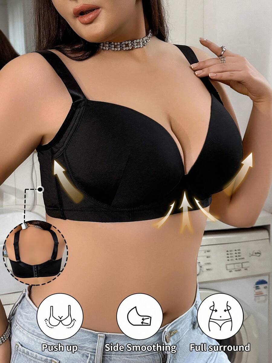 SHEIN 1 件大码女式无钢圈纯色宽肩带文胸 - 黑色 - 查看 1