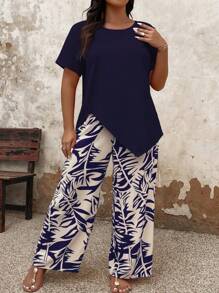 2 件套大码女式纯色圆领短袖不对称下摆上衣和热带植物图案裤子 - 藍色 - 查看 4