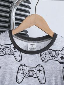 2pcs Tween Boys Snug Fit Cartoon Game Print Crew Neck Short Sleeve Shorts Comfortable Casual Pajama Set