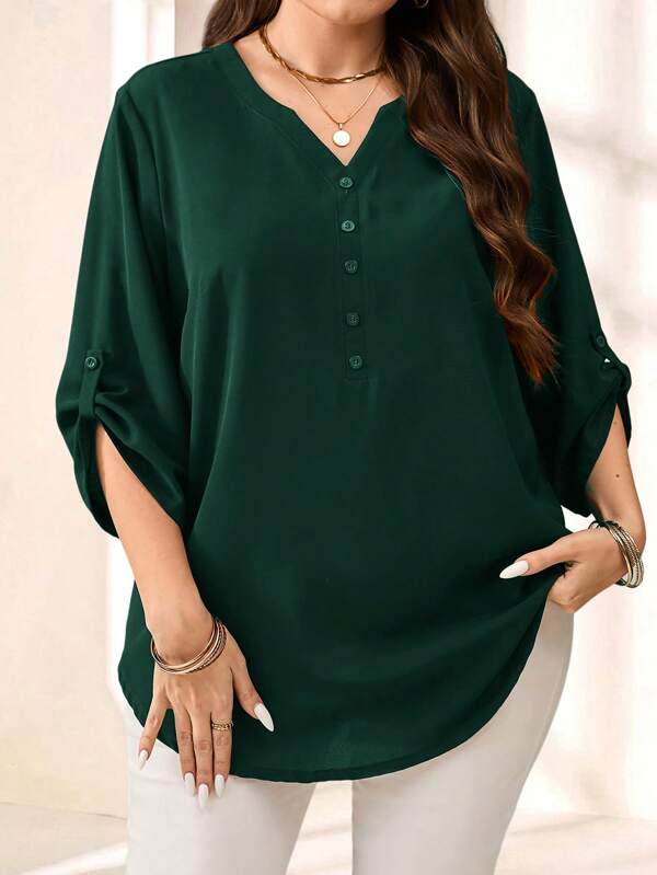 EMERY ROSE Women Plus Size Purple Casual 3/4 Sleeve Shirt, Early Spring