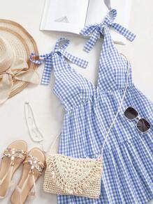 Comfortcana Blue Women's Checkered Shoulder Tie Ruffle Hem Mini Dress For Summer Bow Dress V-Neck Woven Flounce Dress - Blue - View 3