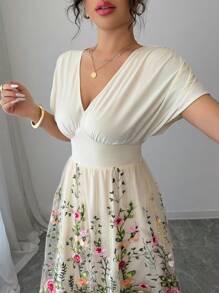 Lyxana Women's V-Neck Batwing Short Sleeve Mesh Embroidered Dress - Apricot - View 3