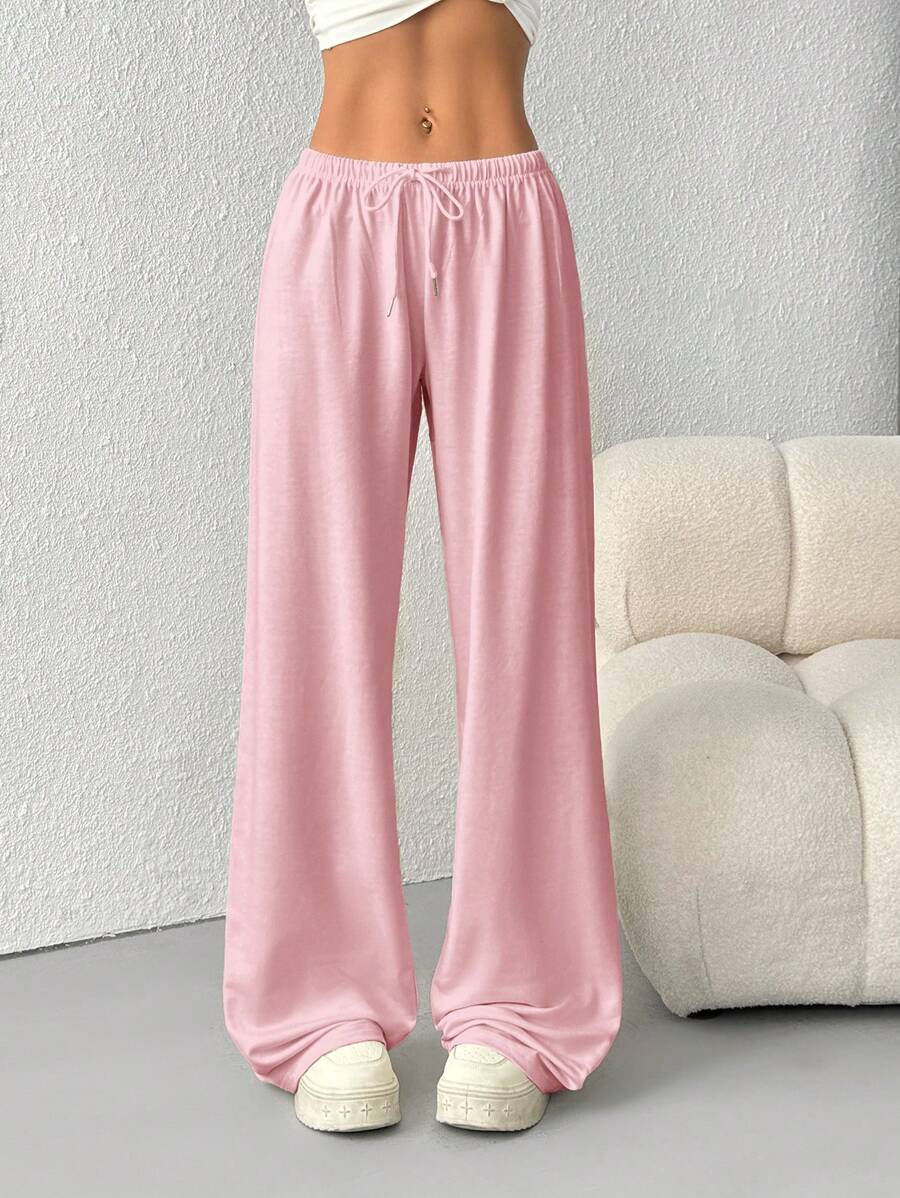 SHEIN EZwear 大码粉色低腰抽绳宽松直筒运动裤 - 粉色 - 查看 1