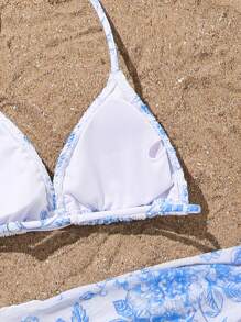 3pcs/Set Tween Girls Swimsuit With Floral Pattern, Including Swimsuit, Mesh Triangle Shawl, And Skirt - Multicolor - View 5