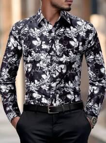 Manfinity Homme Men's Business Commuting Floral Print Long Sleeve Shirt - Multicolor - View 1