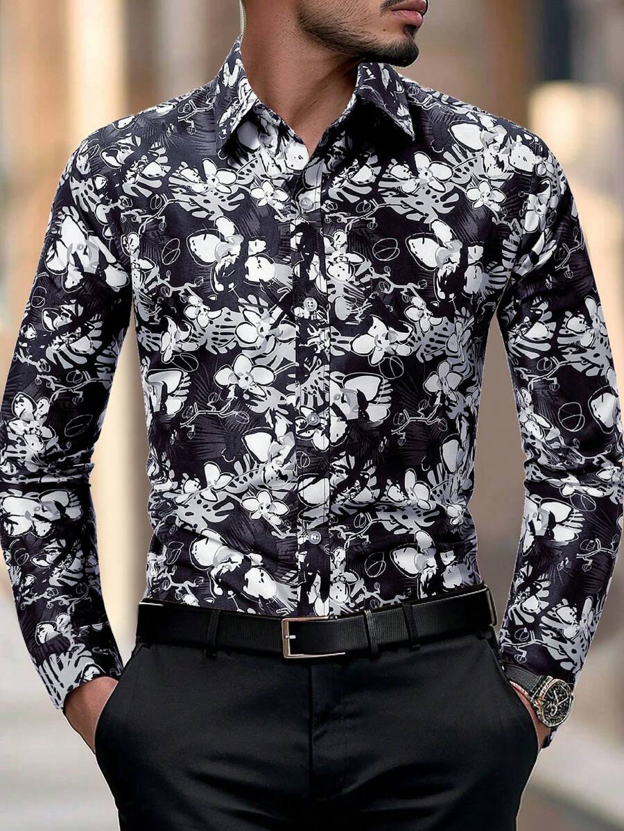 Manfinity Homme Men's Business Commuting Floral Print Long Sleeve Shirt - Multicolor - View 1