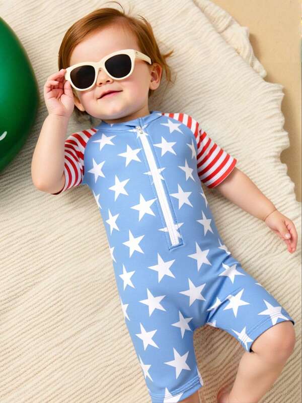 Toddler Boys' Star & Stripe Print Cute One-Piece Swimsuit American Flag Clothes Baby Boy Boy Clothes For Baby Baby Boys Rompers Retro Baby Boy Clothes Boy Clothes For Baby Summer Baby Boys Clothing Summer